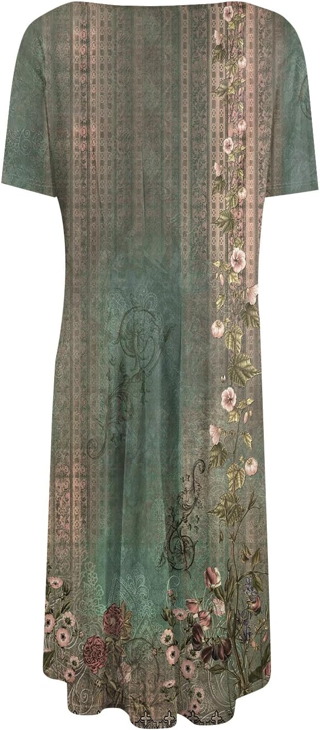 Summer Dresses for Women 2025 Crew Neck Short Sleeve Boho Beach Vacation Floral/Solid Midi Sundresses with Pockets