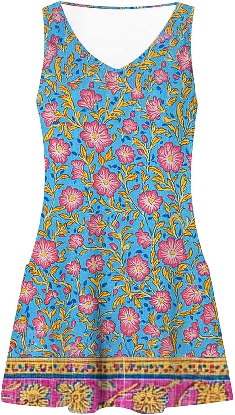 Womens 2025 Spring Summer Dresses Casual Floral Print V-Neck Tank Dress Curve Hem Pleated A-Line Sundresses