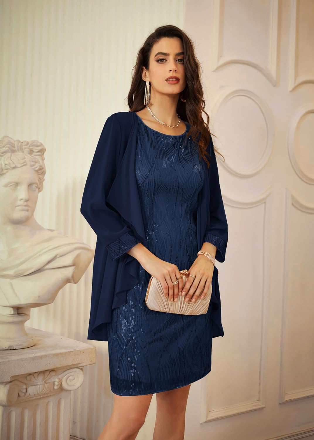 GRACE KARIN Sequin Dress for Women Knee Length Mother of the Bride Dresses Formal Dress Two Piece Dress with Chiffon Jacket
