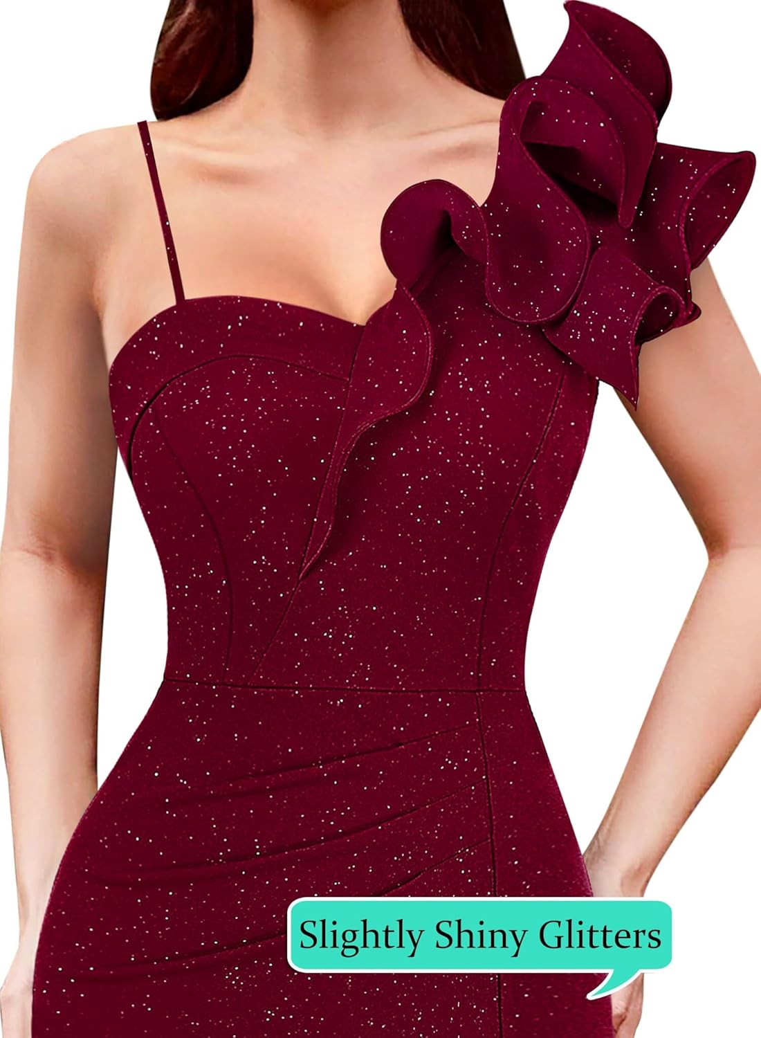 VFSHOW Womens Ruffle One Shoulder Strap Ruched Formal Prom Wedding Maxi Dress V Neck Elegant Split Cocktail Evening Long Gown