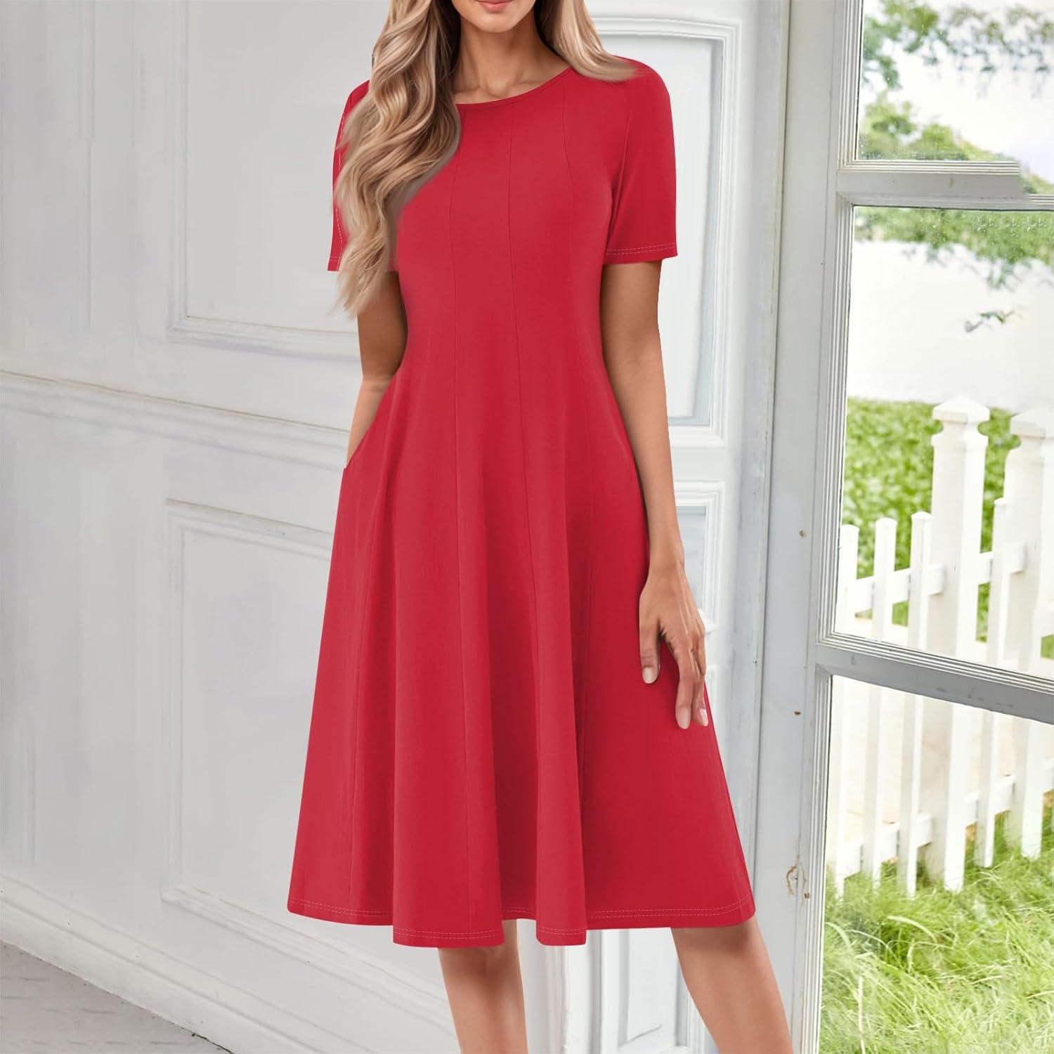 Summer Dresses for Women 2025 Crew Neck Short Sleeve Boho Beach Vacation Floral/Solid Midi Sundresses with Pockets
