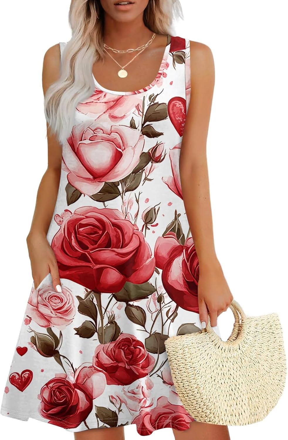 Women's Casual Sundress with Pockets Summer Boho Beach Dress,Holiday Hresses for Woment-Shirts Dress U Neck Loose Tank