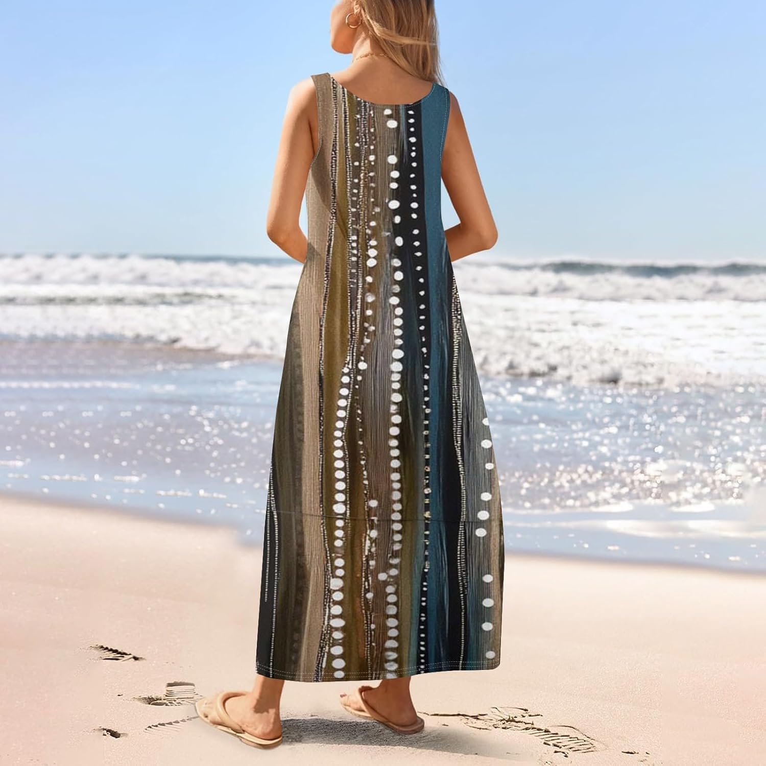 Womens Summer Tank Dress Vacation Boho Floral Long Dresses with Pockets Resort Wear Swing Beach Sleeveless Sundress