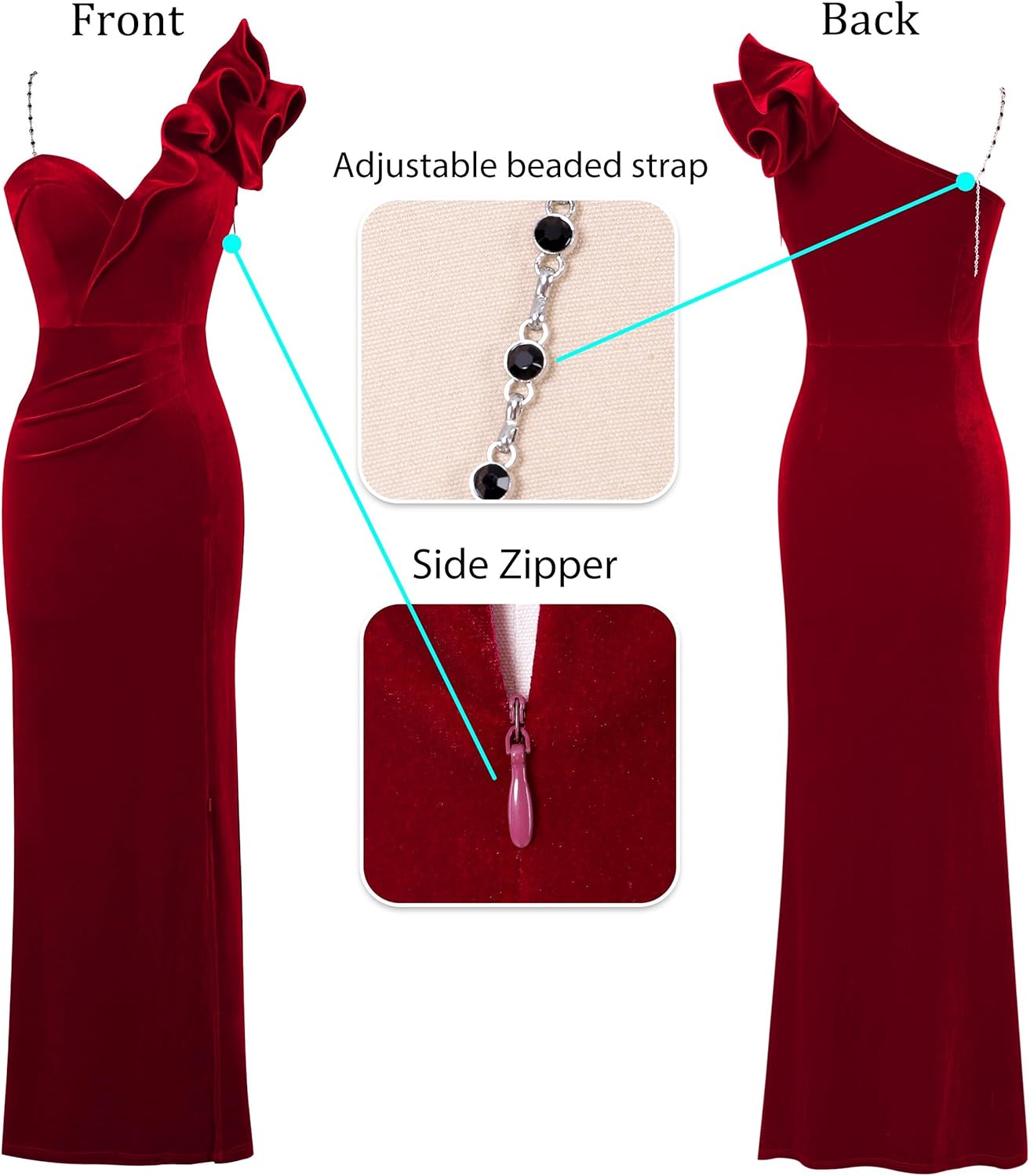 VFSHOW Womens Ruffle One Shoulder Strap Ruched Formal Prom Wedding Maxi Dress V Neck Elegant Split Cocktail Evening Long Gown