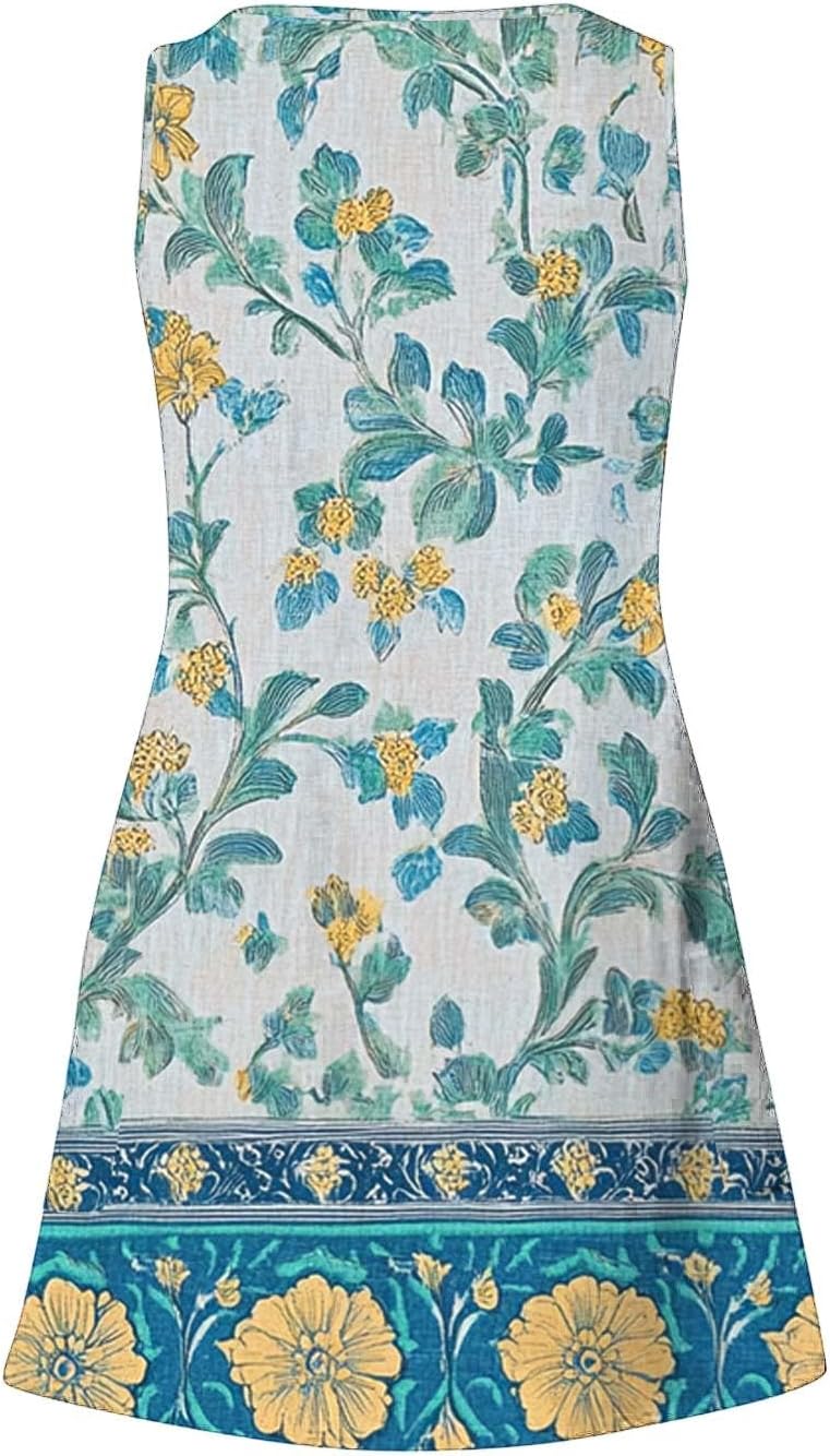 Womens 2025 Spring Summer Dresses Casual Floral Print V-Neck Tank Dress Curve Hem Pleated A-Line Sundresses