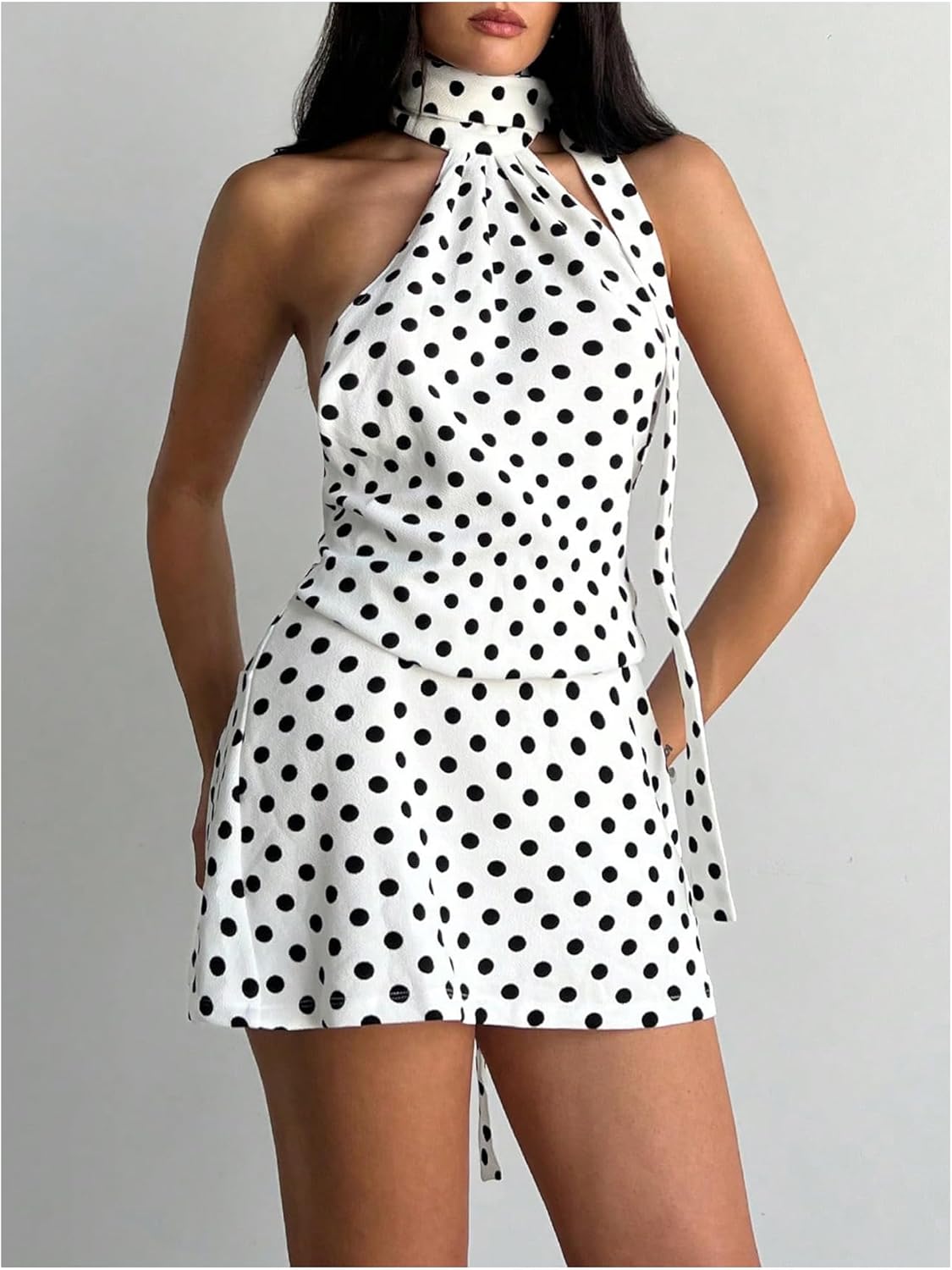 Milumia Women's Polka Dots Halter Dress Sleeveless Backless Ruffle Hem Ruched Short Dresses with Scarf