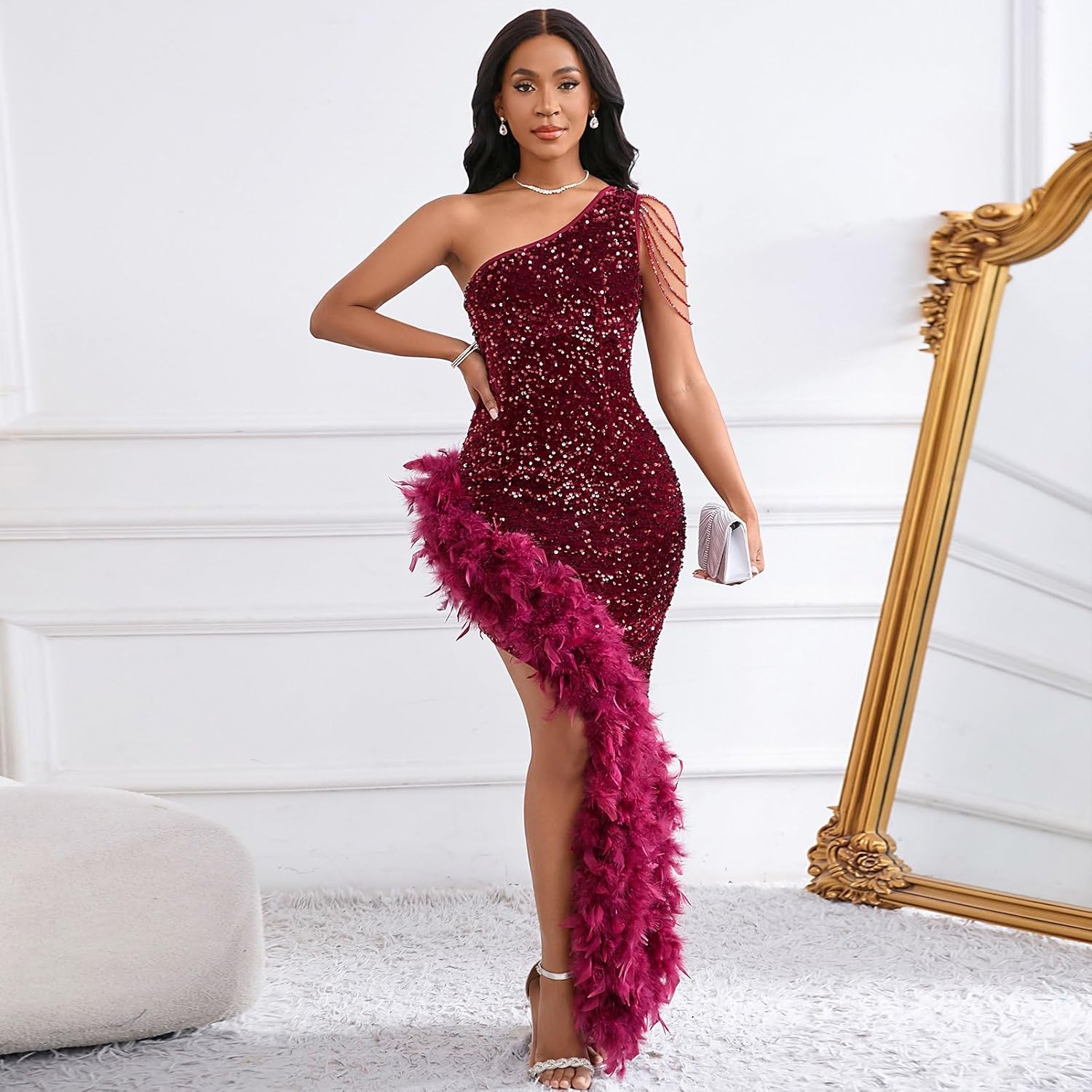 Cololura Women Sequin Elegant Sexy Tassels One Shoulder Mermaid Bodycon Cocktail Evening Midi Party Formal Dress