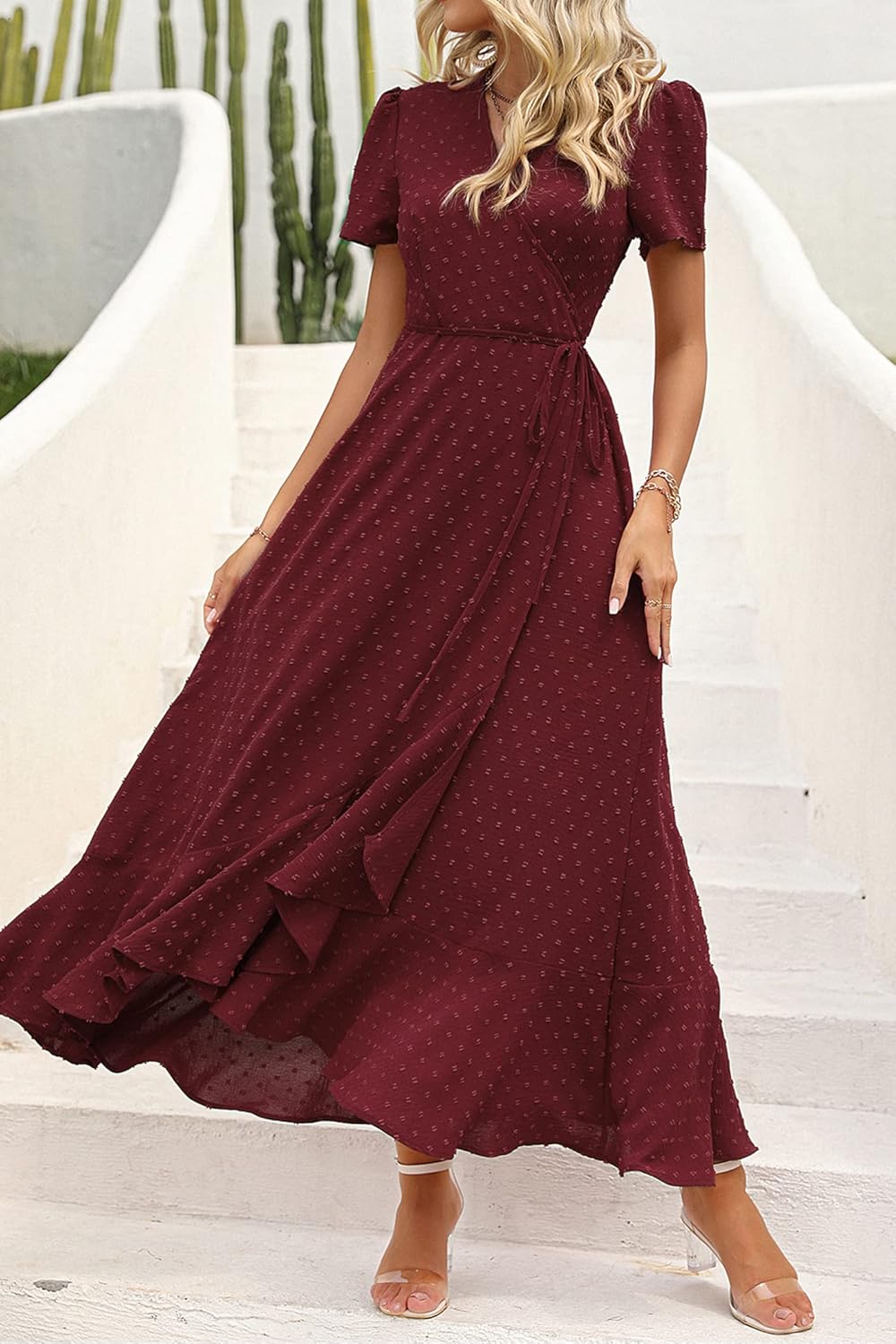 PRETTYGARDEN Women's Summer Wrap Maxi Dress Casual Short Sleeve Floral Boho V Neck Split Ruffle Beach Long Dresses