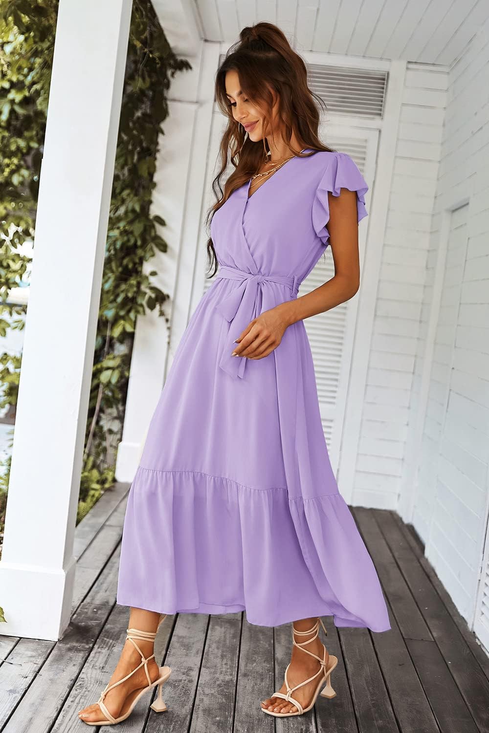 PRETTYGARDEN Women's Summer Floral Boho Dress Wrap V Neck Short Sleeve Ruffle A-Line Flowy Maxi Wedding Guest Dresses