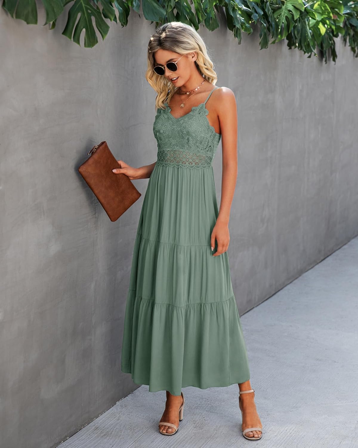 Dokuritu Women's Beach Crochet Lace Maxi Dress Solid Color Summer Vacation Spaghetti Strap Long Dress 2024