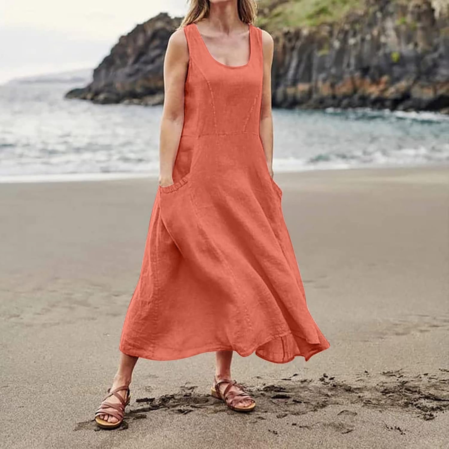 Women's Casual Sleeveless Dresses, Cotton Linen Pocket Dresses Summer Dresses for Women 2024 Sundresses Beach Dress