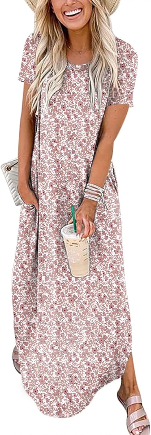 ANRABESS Women's Summer Casual Loose Short Sleeve Long T Shirt Dress Split Maxi Beach Sundress Travel Vacation Outfits