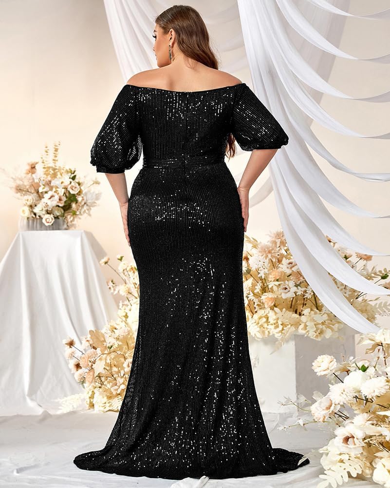 Women's Plus Size Off Shoulder Puff Sleeve Sequin Formal Maxi Dress Evening Party Gowns