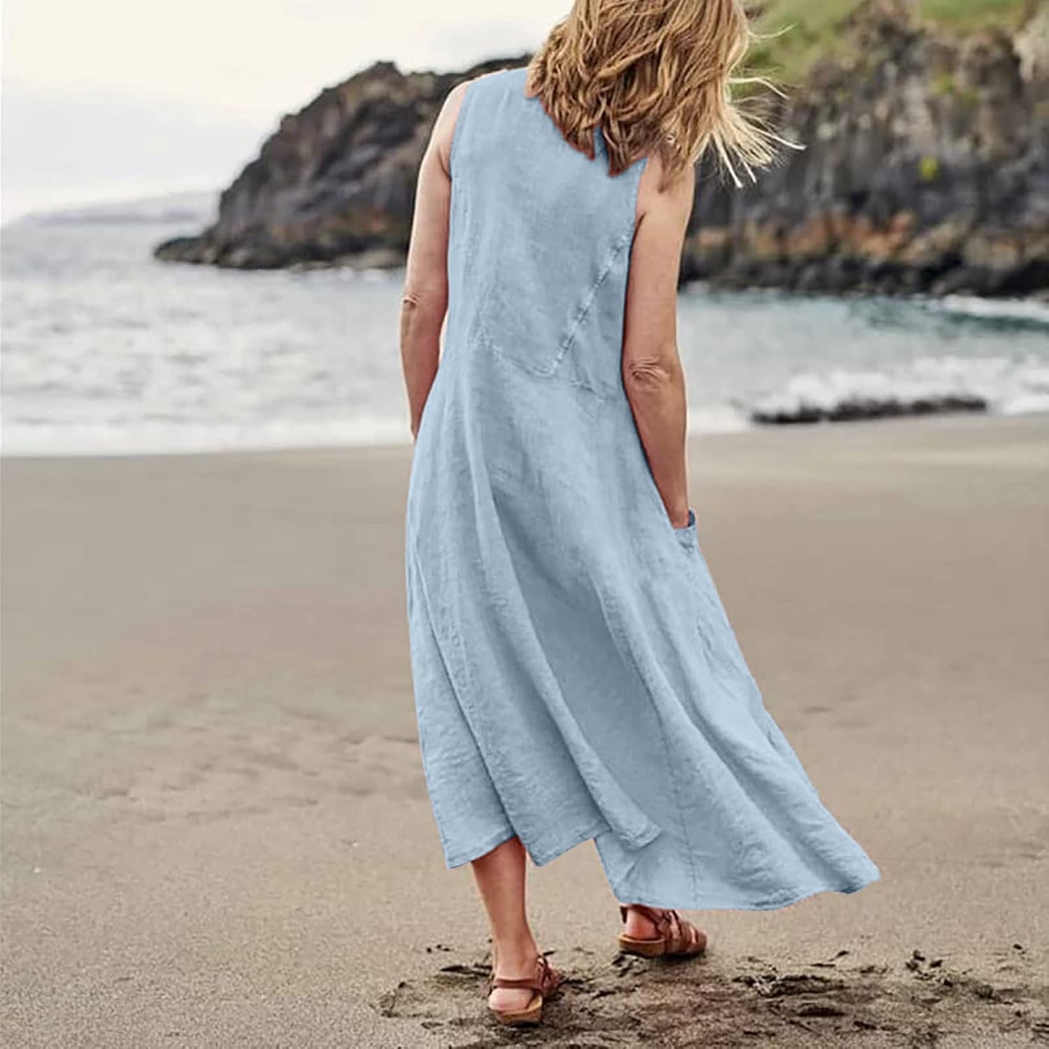 Women's Casual Sleeveless Dresses, Cotton Linen Pocket Dresses Summer Dresses for Women 2024 Sundresses Beach Dress