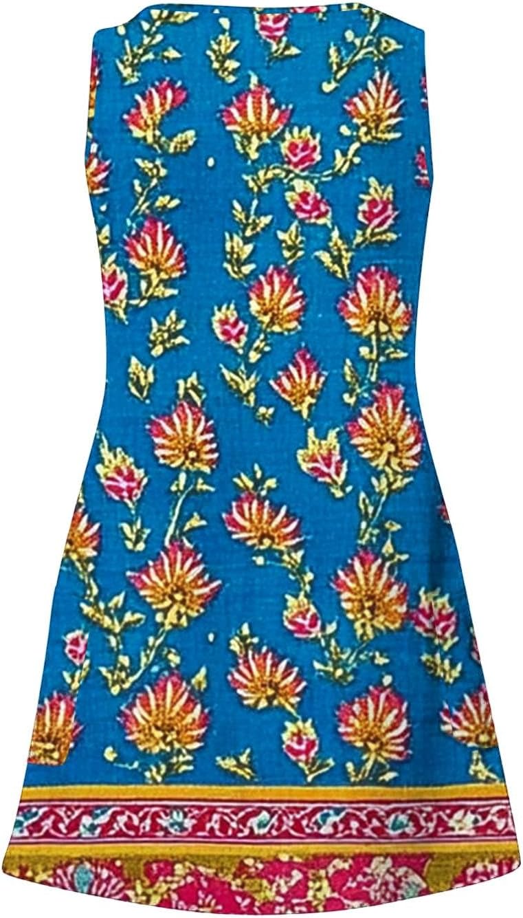 Womens 2025 Spring Summer Dresses Casual Floral Print V-Neck Tank Dress Curve Hem Pleated A-Line Sundresses