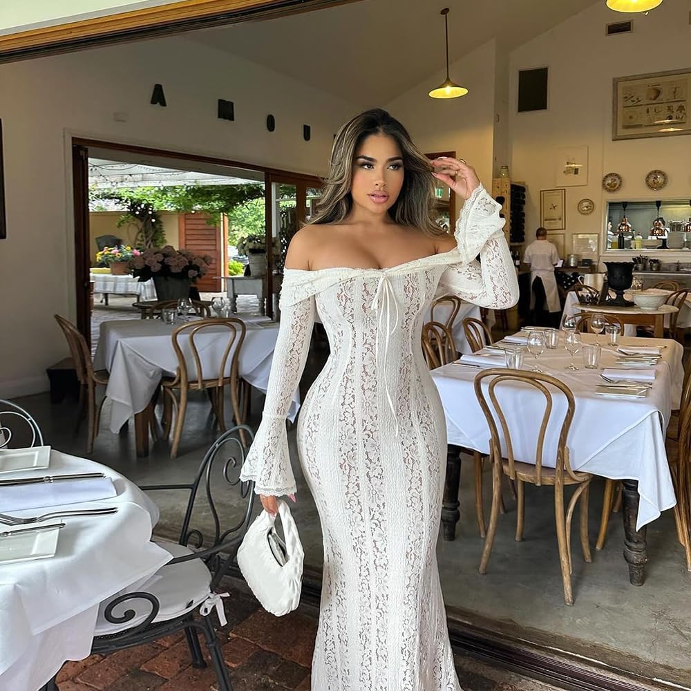 Autumn Elegant Off Shoulder Lace Maxi Dress White Women Long Sleeve Evening Party Dresses for Date Nights