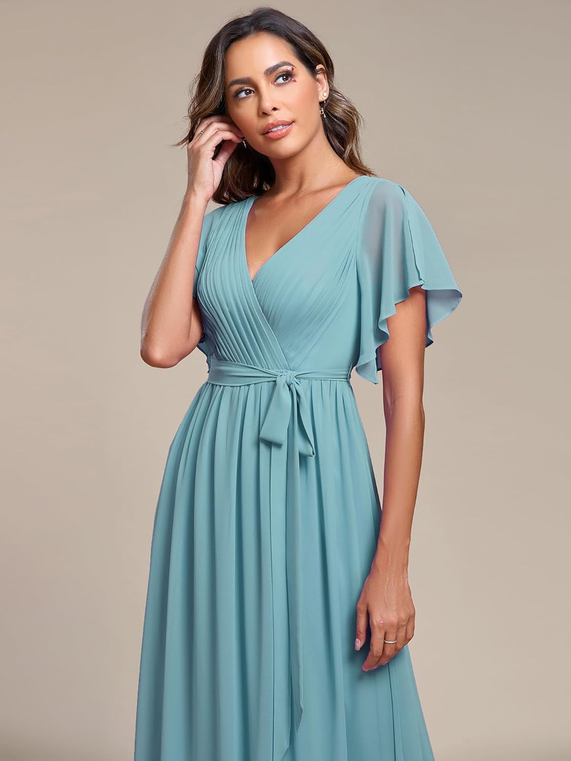 Ever-Pretty Women's Bridesmaid Dress V-Neck Ruffle Sleeves Ruched Bust Floor Length Chiffon Formal Dresses 0164A