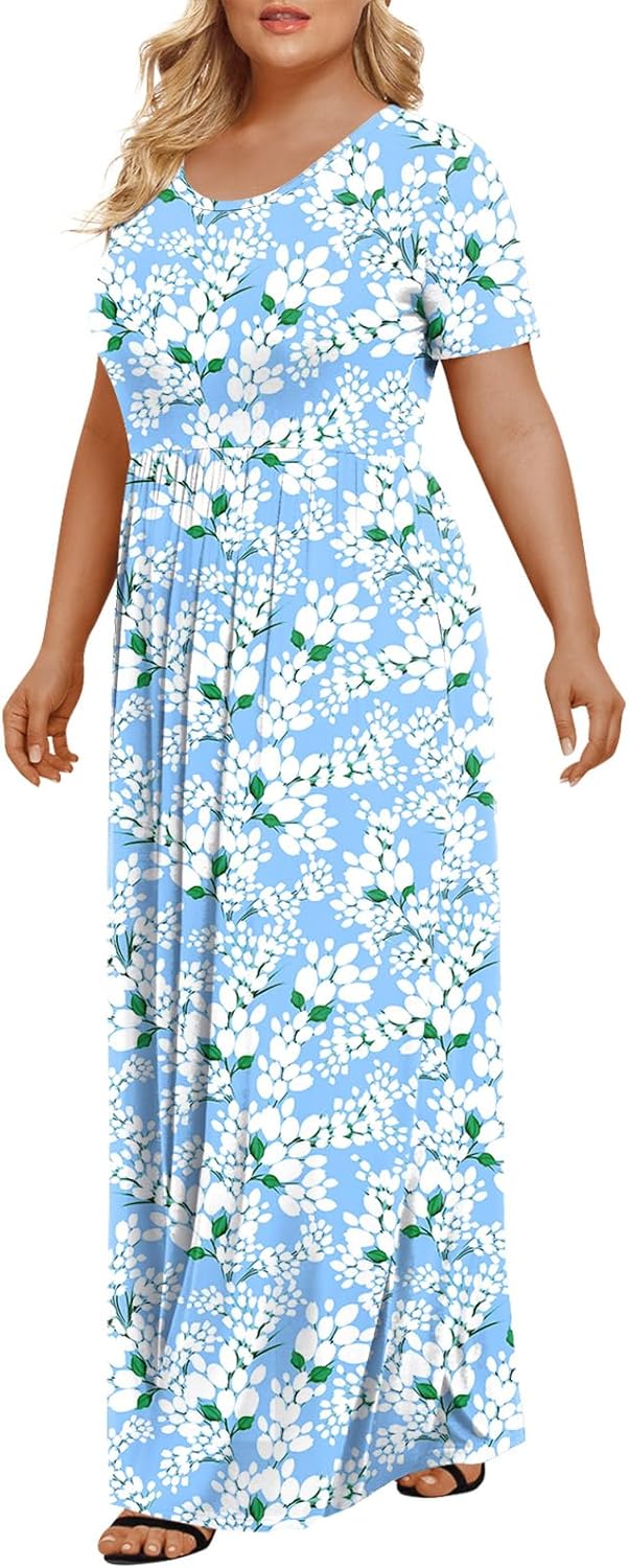 LONGYUAN Women's Plus Size Maxi Dresses for Curvy Women Summer Short Sleeve Casual 2025 Long Dress XL-6XL