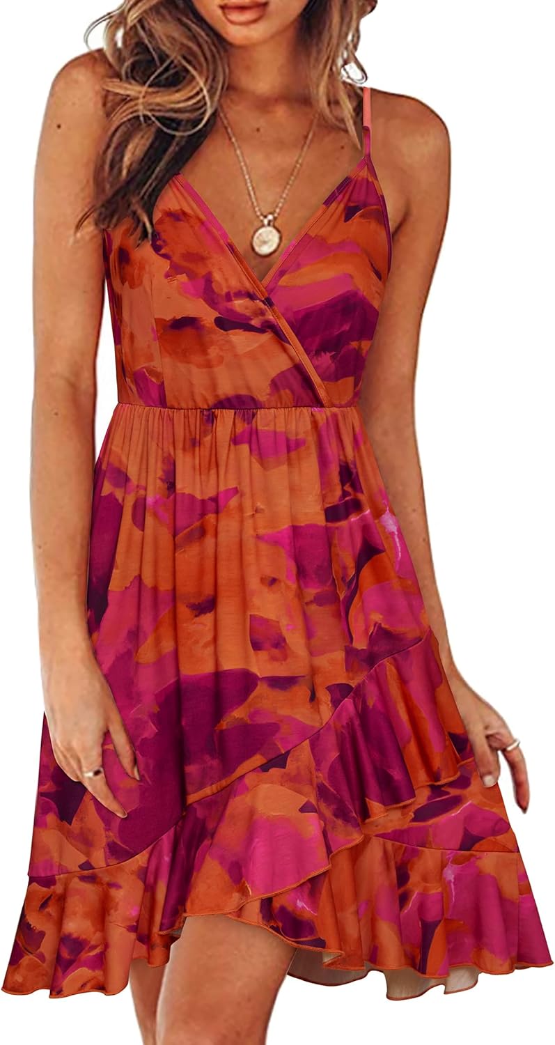 ULTRANICE Womens Summer Dresses Floral V Neck Ruffled Hem Spaghetti Spring Casual Beach Outfits Flowy Wrap Sun Dress
