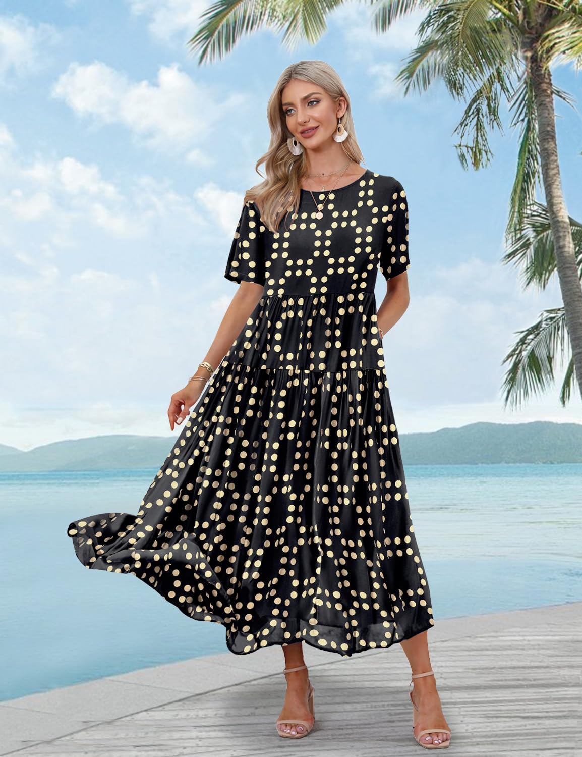 YESNO Women Casual Loose Bohemian Floral Dress with Pockets Short Sleeve Long Maxi Summer Beach Swing Dress EJF