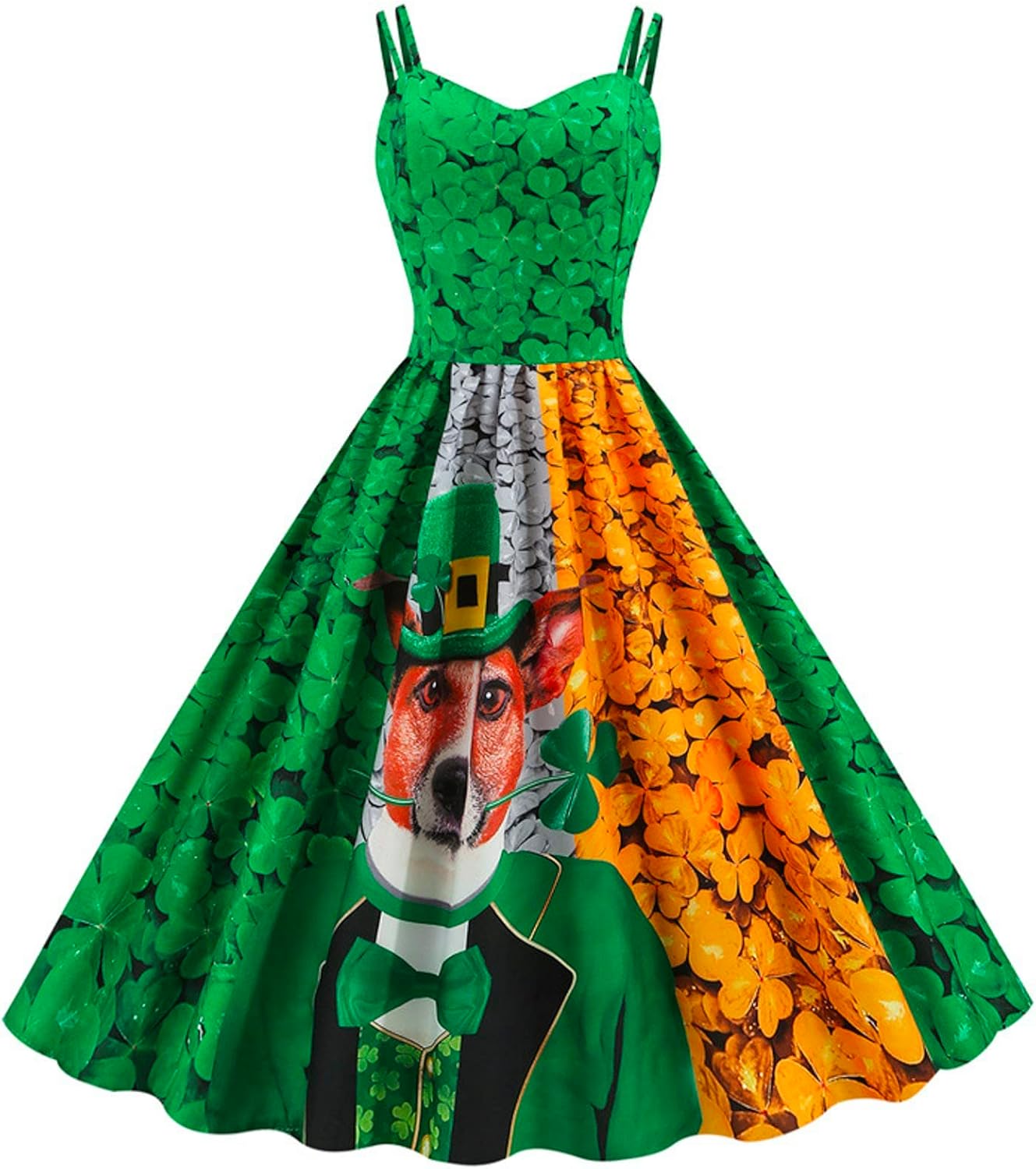 aihihe St Patricks Day Dress for Women A Line Pleated Hepburn Dress Lukcy Shamrock Print Irish Dress 2024 Vintage Dress