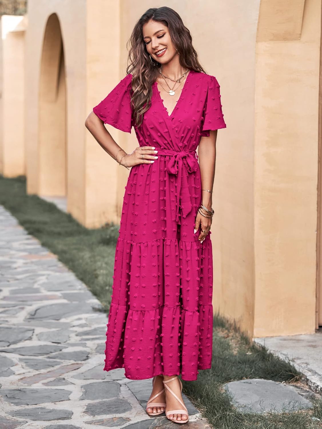 MASCOMODA Womens Boho Swiss Dot Maxi Dresses Wrap V Neck Flutter Short Sleeve Solid Tie Belt A Line Tiered Flowy Long Dress
