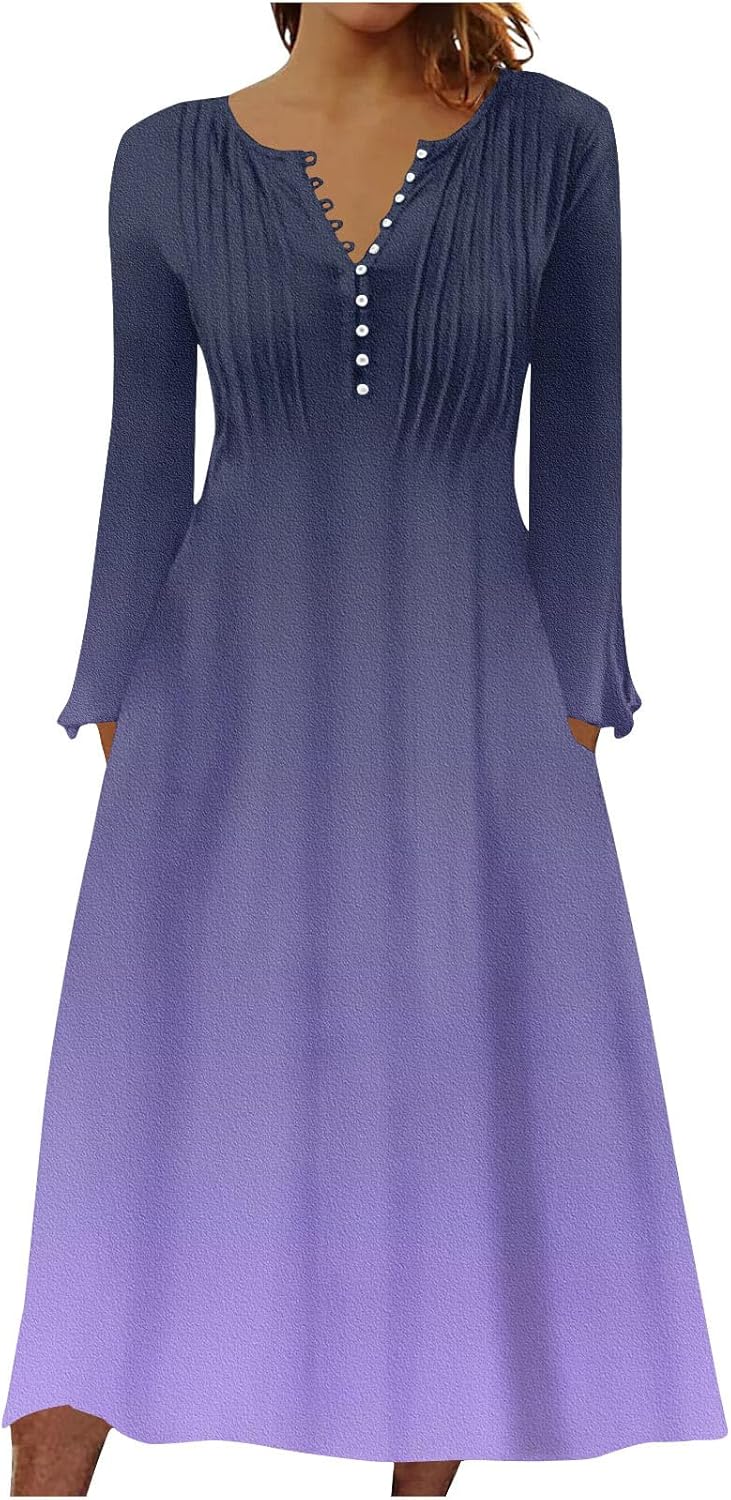 DOPOCQ Fall Women Dresses 2023 Long Sleeve V Neck Plus Size Maxi Dress Boho Dress High Waisted A-Line Dress with Pocket