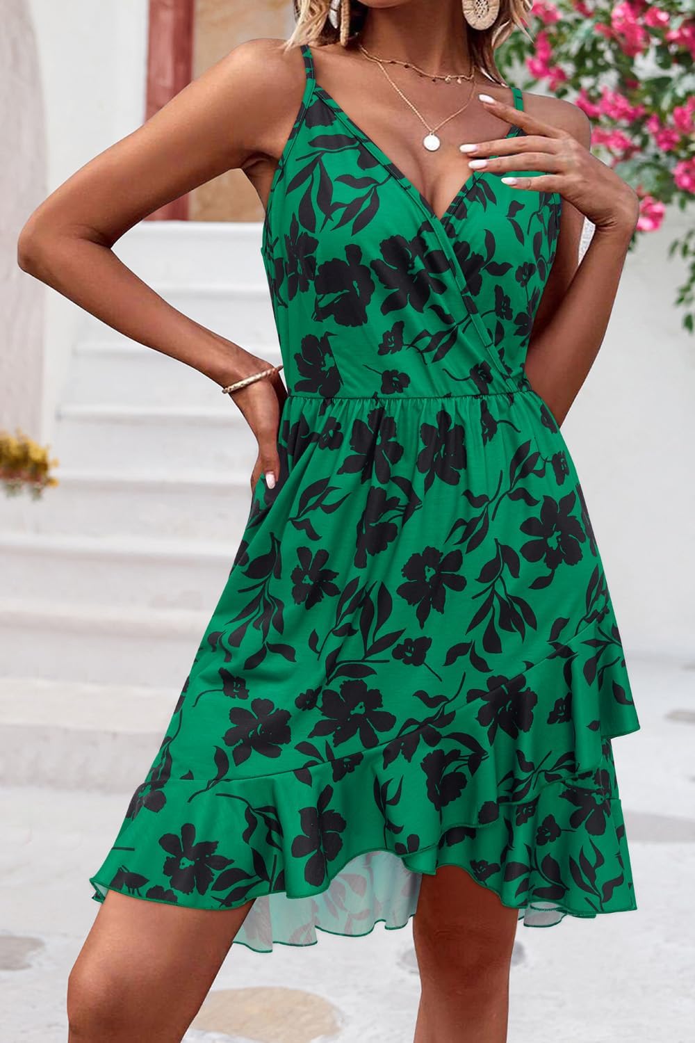 ULTRANICE Womens Summer Dresses Floral V Neck Ruffled Hem Spaghetti Spring Casual Beach Outfits Flowy Wrap Sun Dress