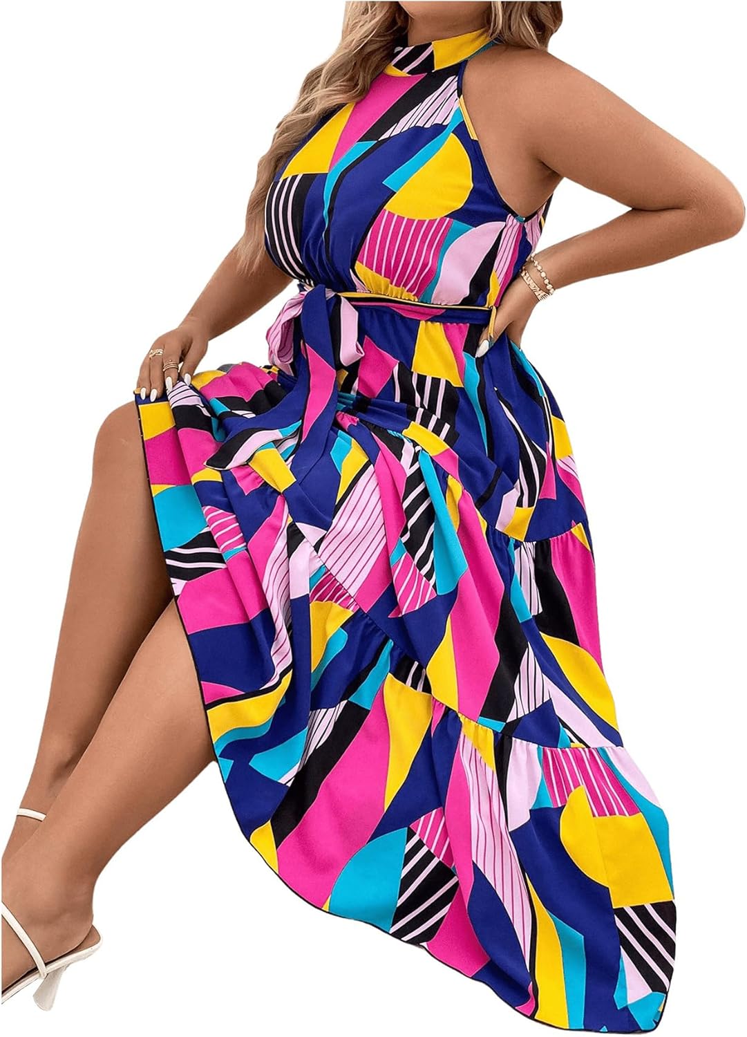 Floerns Women's Plus Size Boho Sleeveless Halter Neck Tie Back A Line Long Dress