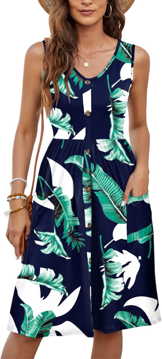 MOLERANI Women Summer Dresses Sleeveless Casual Loose Swing Button Down Midi Dress with Pockets