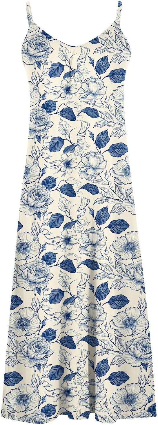 Womens Floral Maxi Dresses Spaghetti Strap Casual Summer Long Dress Vneck Flowy Boho Beach Sundress Vacation Outfits