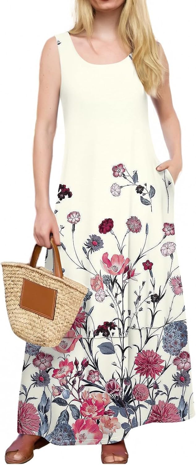 Womens Summer Tank Dress Vacation Boho Floral Long Dresses with Pockets Resort Wear Swing Beach Sleeveless Sundress