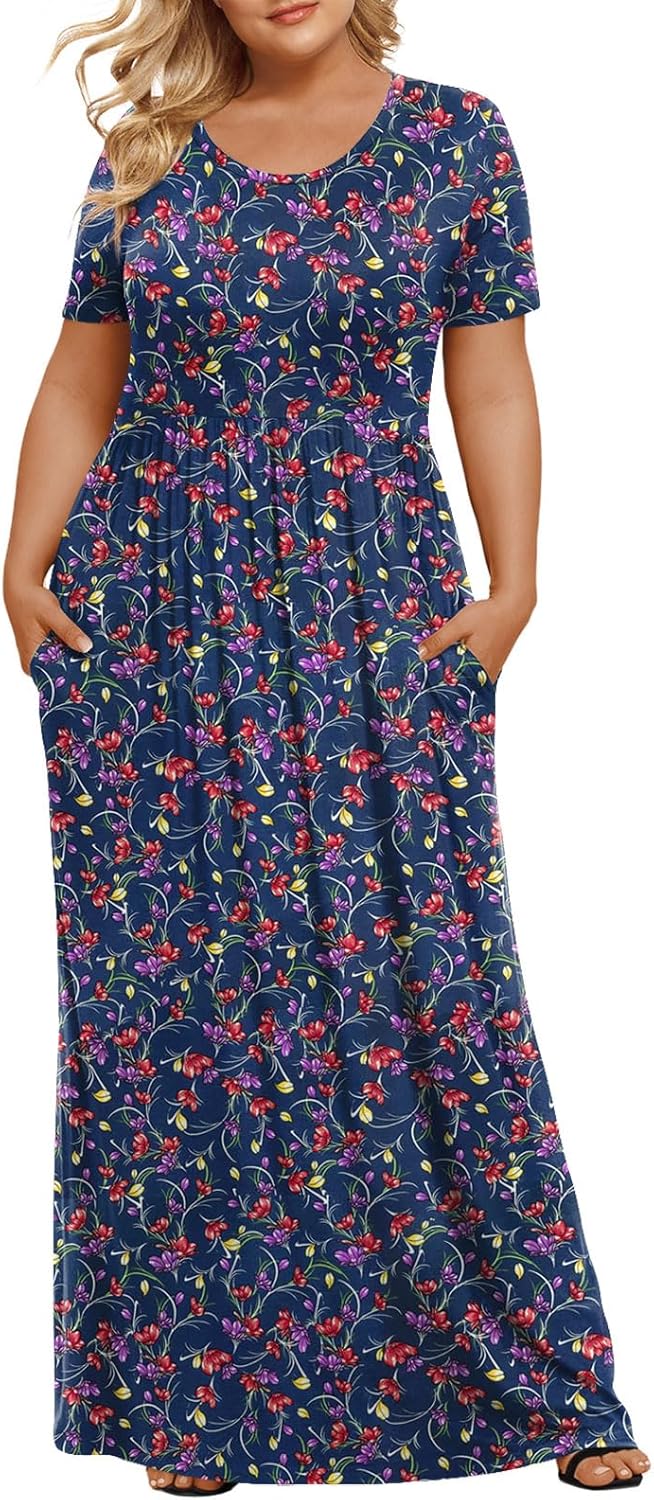 LONGYUAN Women's Plus Size Maxi Dresses for Curvy Women Summer Short Sleeve Casual 2025 Long Dress XL-6XL