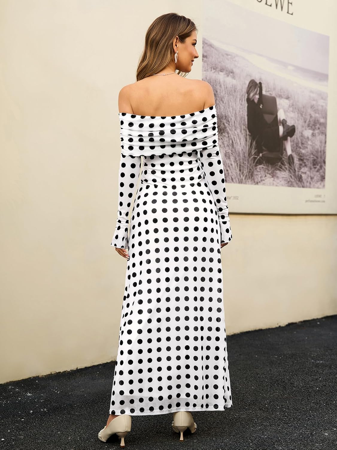 KUTUMAI Women Off Shoulder Bodycon Maxi Dress Long Sleeve Mesh Ruched Party Formal Wedding Guest Dresses