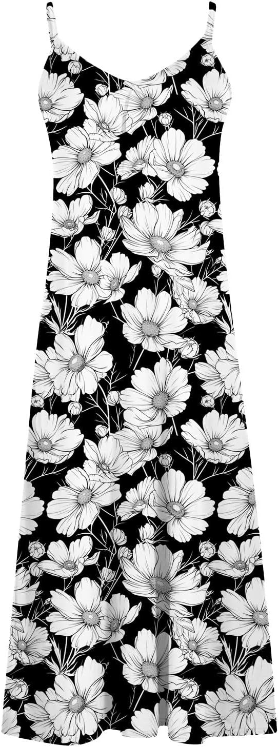 Womens Floral Maxi Dresses Spaghetti Strap Casual Summer Long Dress Vneck Flowy Boho Beach Sundress Vacation Outfits