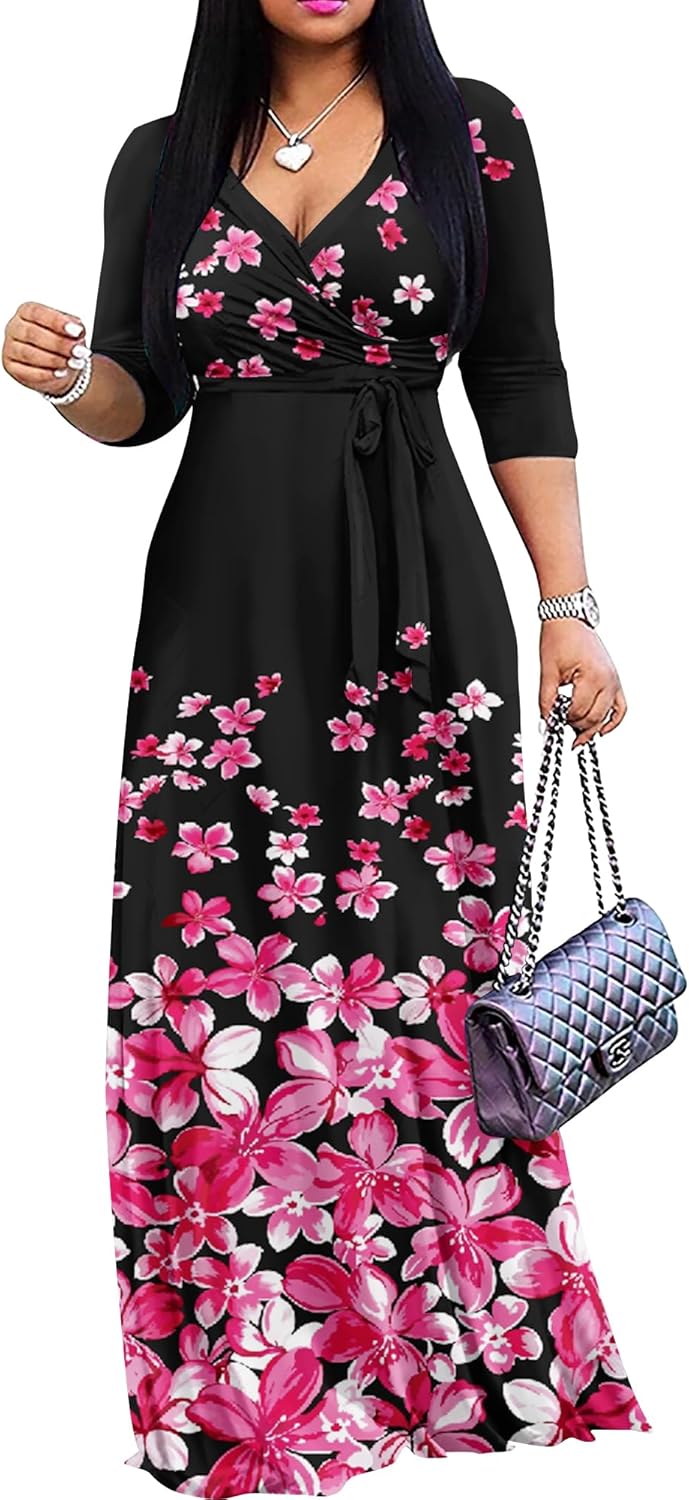FANDEE Plus Size Maxi Dress for Women Casual Summer Sundress V-Neck 3/4 Sleeve