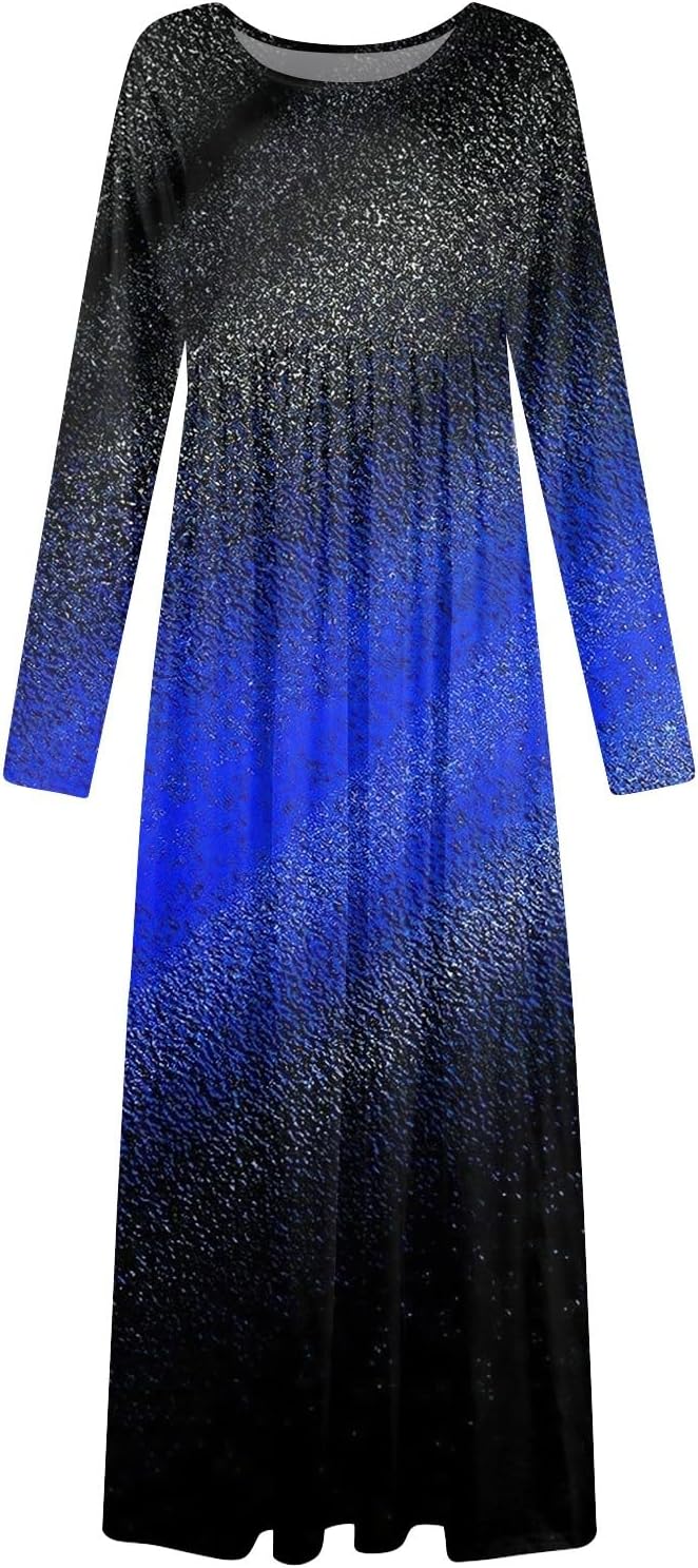 Long Sleeve Maxi Dress for Women Elegant Crew Neck Flowy Swing Dresses Solid Color Wedding Guest Dresses