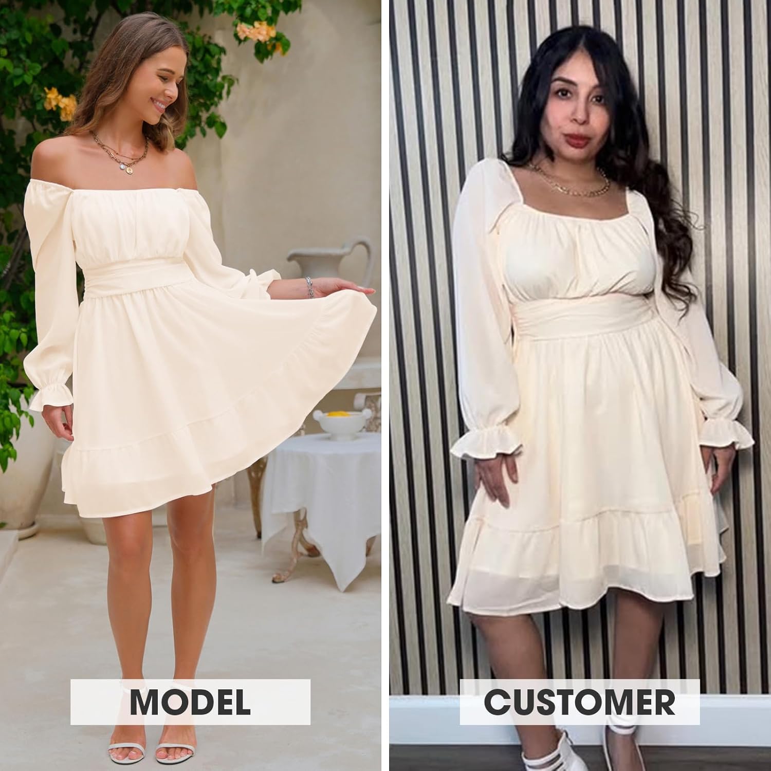 EXLURA Women's 2025 Casual Long Lantern Sleeve Dresses Square Neck Ruffle Tie Back Elastic Waist Aline Short Mini Dress