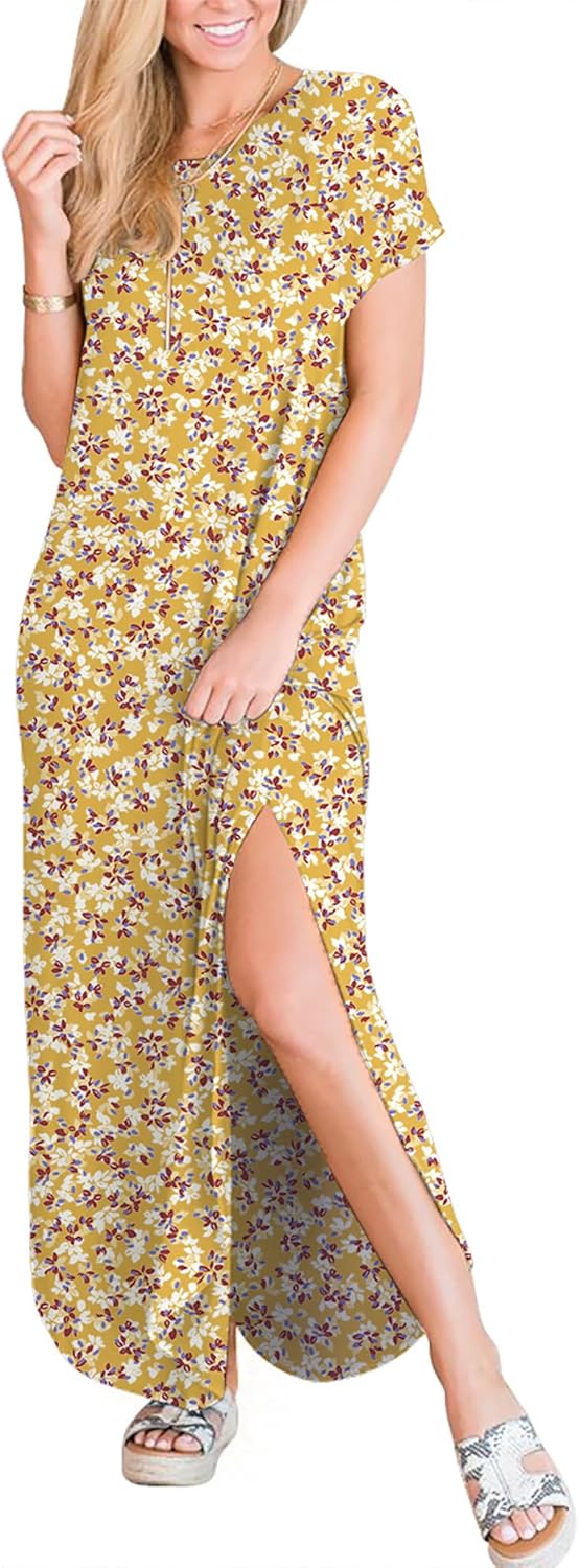 ANRABESS Women's Summer Casual Loose Short Sleeve Long T Shirt Dress Split Maxi Beach Sundress Travel Vacation Outfits