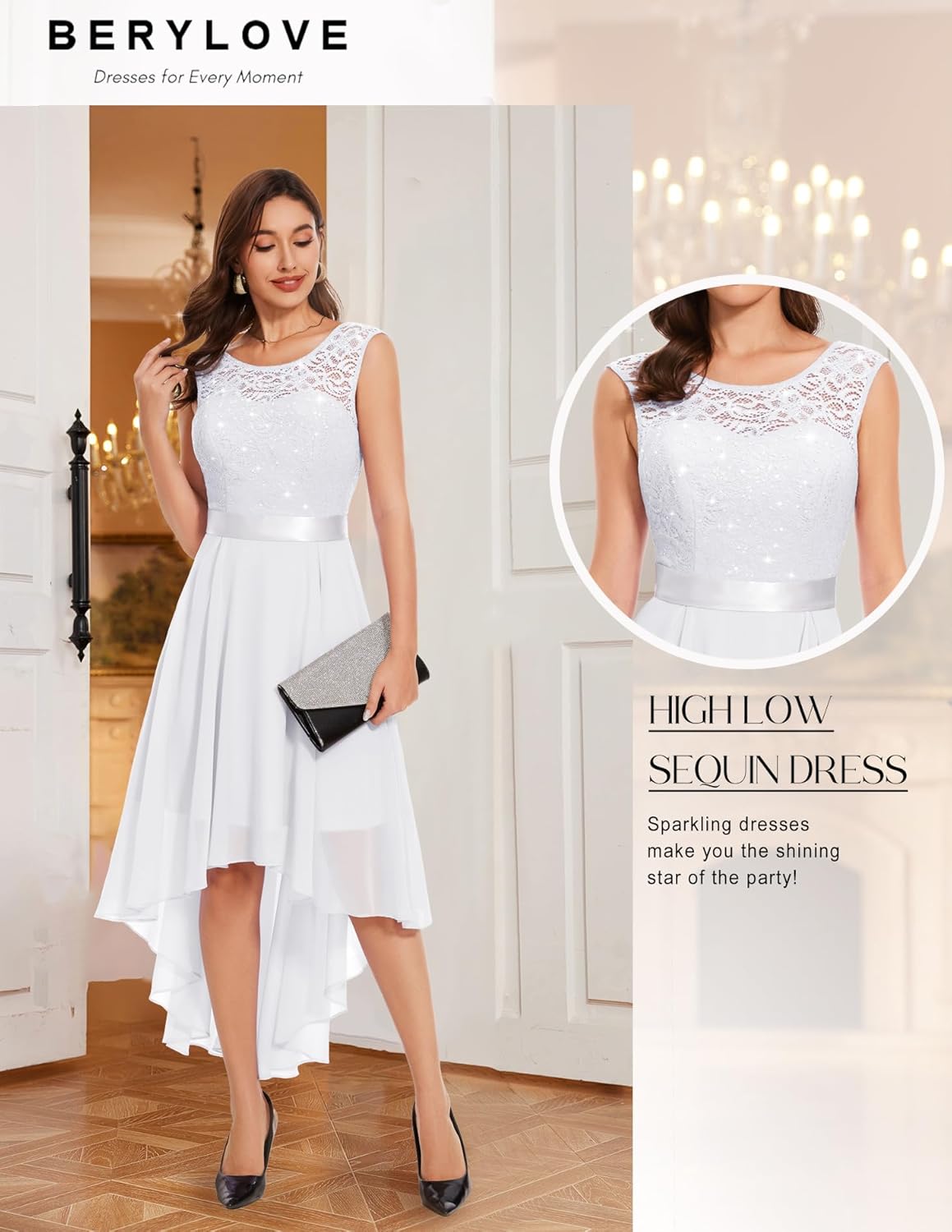 BeryLove Cocktail Prom Dresses 2025 Formal Wedding Guest Dresses Sleeveless Lace High Low Homecoming Dress