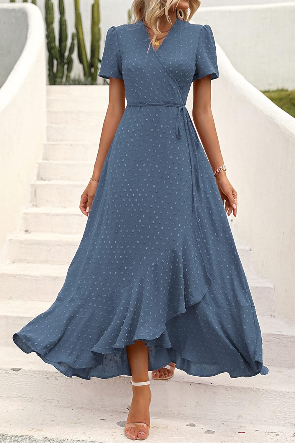 PRETTYGARDEN Women's Summer Wrap Maxi Dress Casual Short Sleeve Floral Boho V Neck Split Ruffle Beach Long Dresses