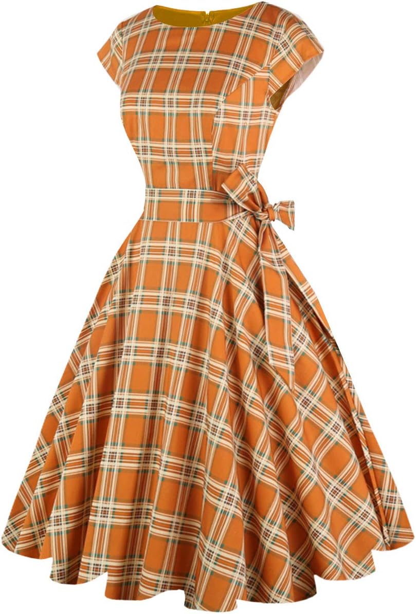 PUKAVT Women's 1950 Boatneck Cap Sleeve Vintage Swing Cocktail Party Dress with Pockets