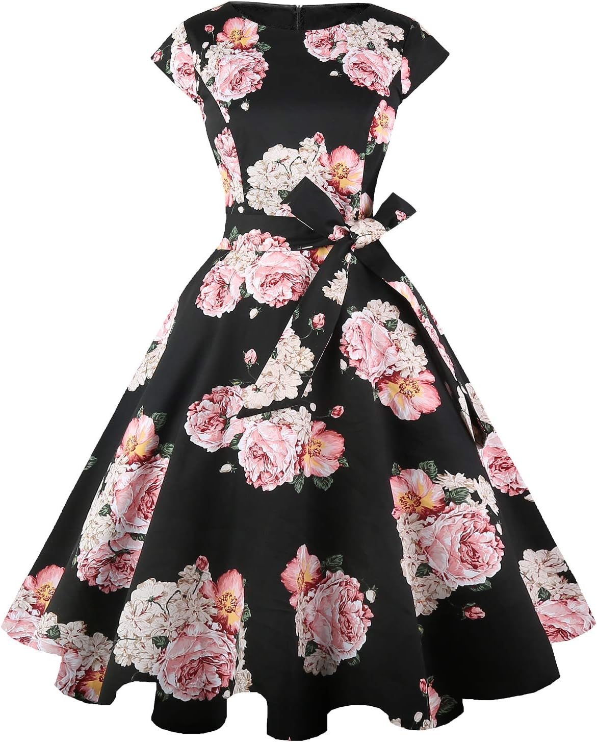 PUKAVT Women's 1950 Boatneck Cap Sleeve Vintage Swing Cocktail Party Dress with Pockets