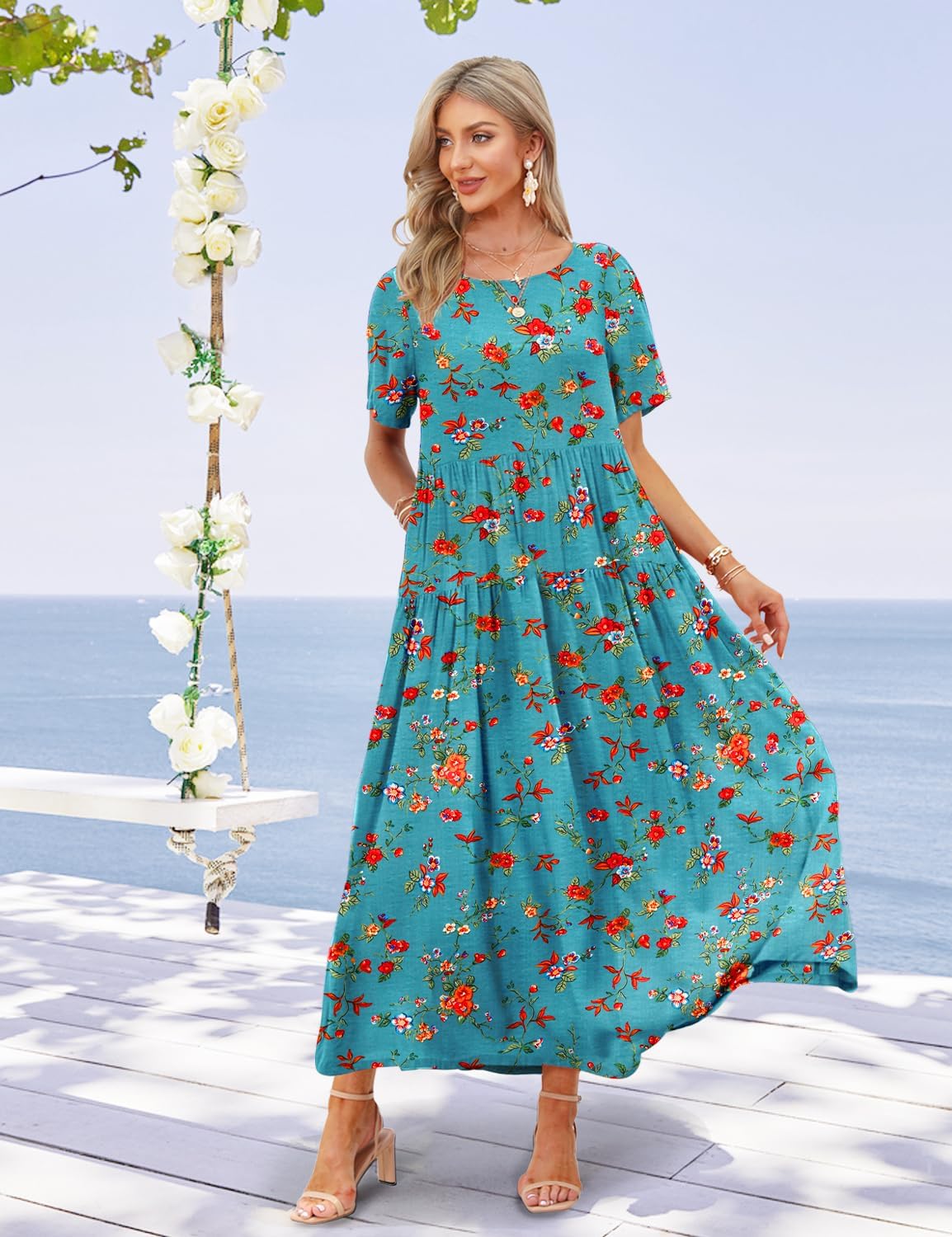 YESNO Women Casual Loose Bohemian Floral Dress with Pockets Short Sleeve Long Maxi Summer Beach Swing Dress EJF