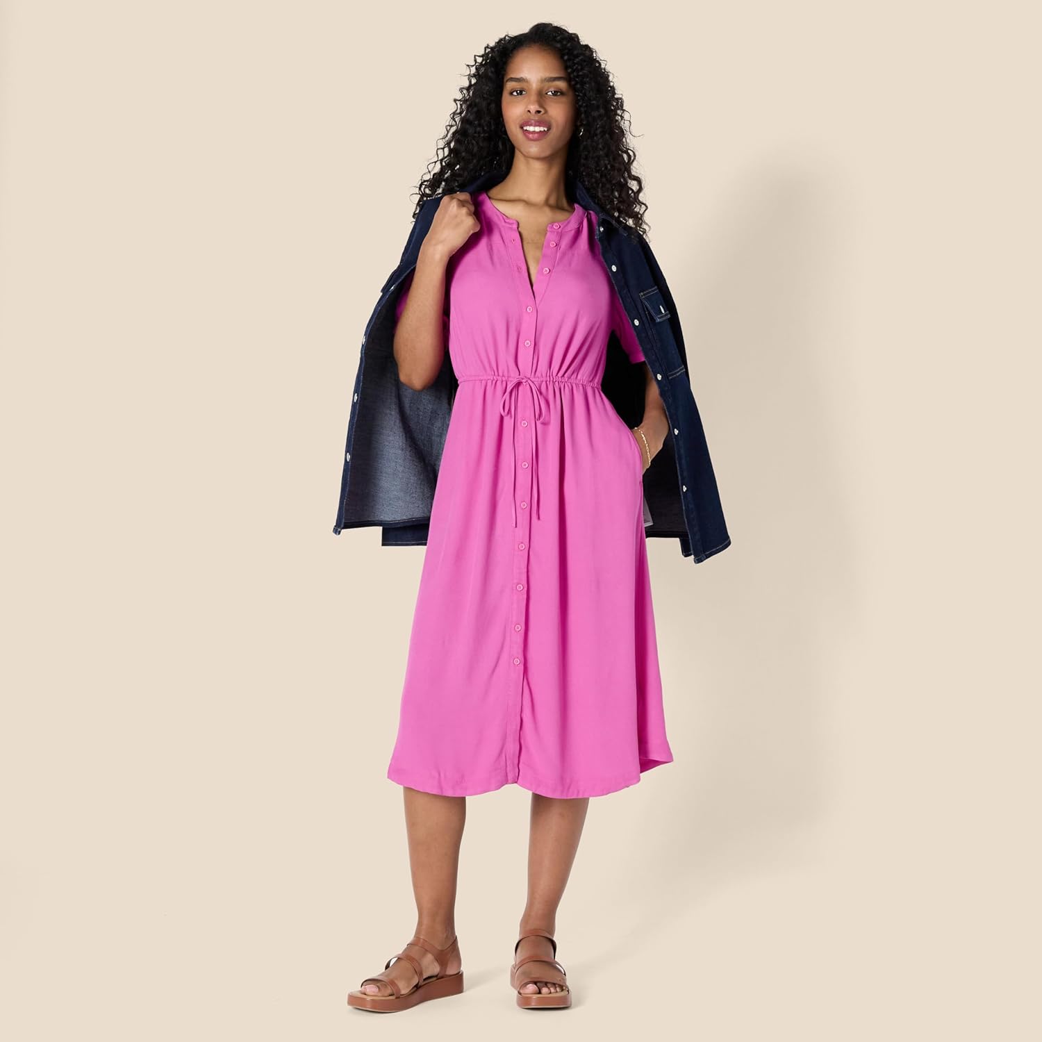Amazon Essentials Women's Relaxed Fit Half-Sleeve Waisted Midi A-Line Dress