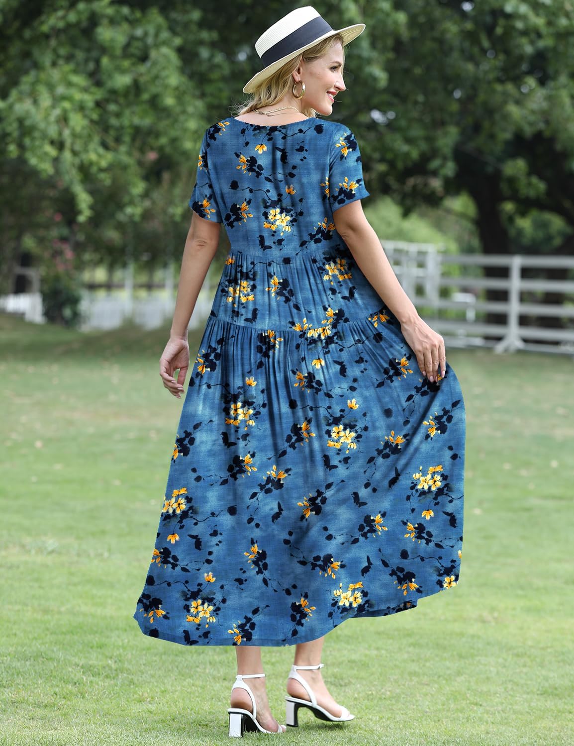 YESNO Women Casual Loose Bohemian Floral Dress with Pockets Short Sleeve Long Maxi Summer Beach Swing Dress EJF
