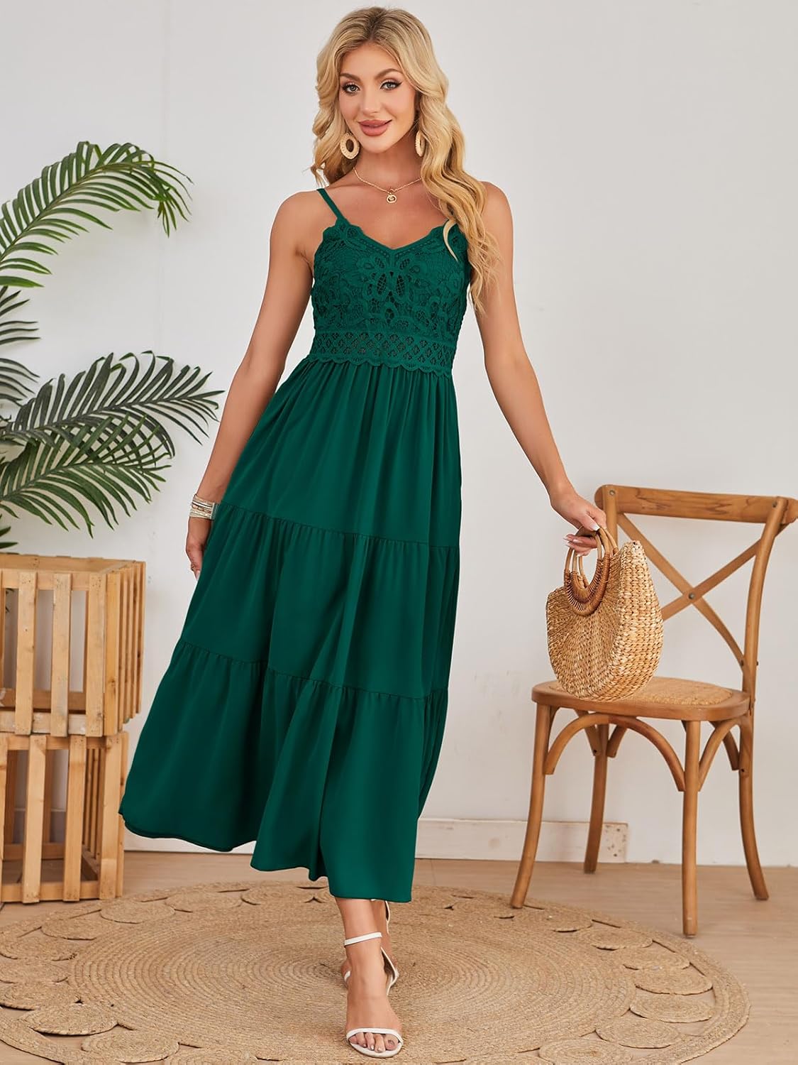 Dokuritu Women's Beach Crochet Lace Maxi Dress Solid Color Summer Vacation Spaghetti Strap Long Dress 2024