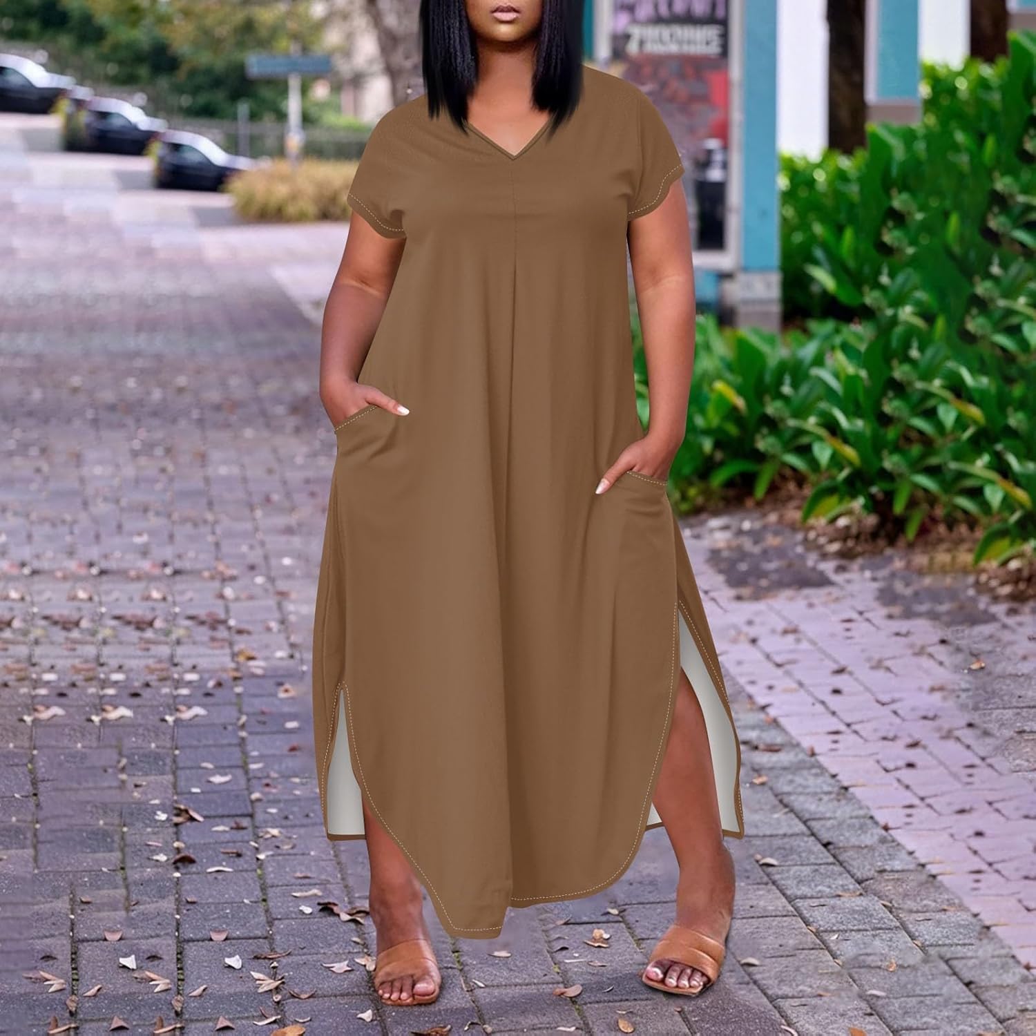Maxi Dresses for Women 2025 Plus Size Tie Dye V Neck Dress Short Sleeve Side Split Beach Summer Sundress with Pocket