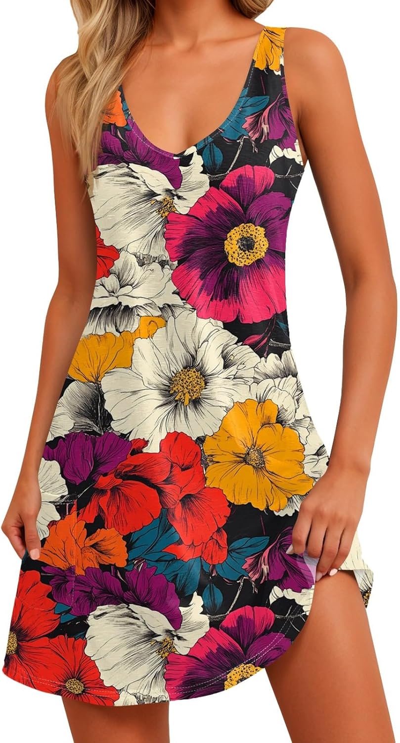 Women's Sleeveless Floral Print Summer Dress Casual V-Neck A-Line Mini Dress for Beach Party and Daily Wear