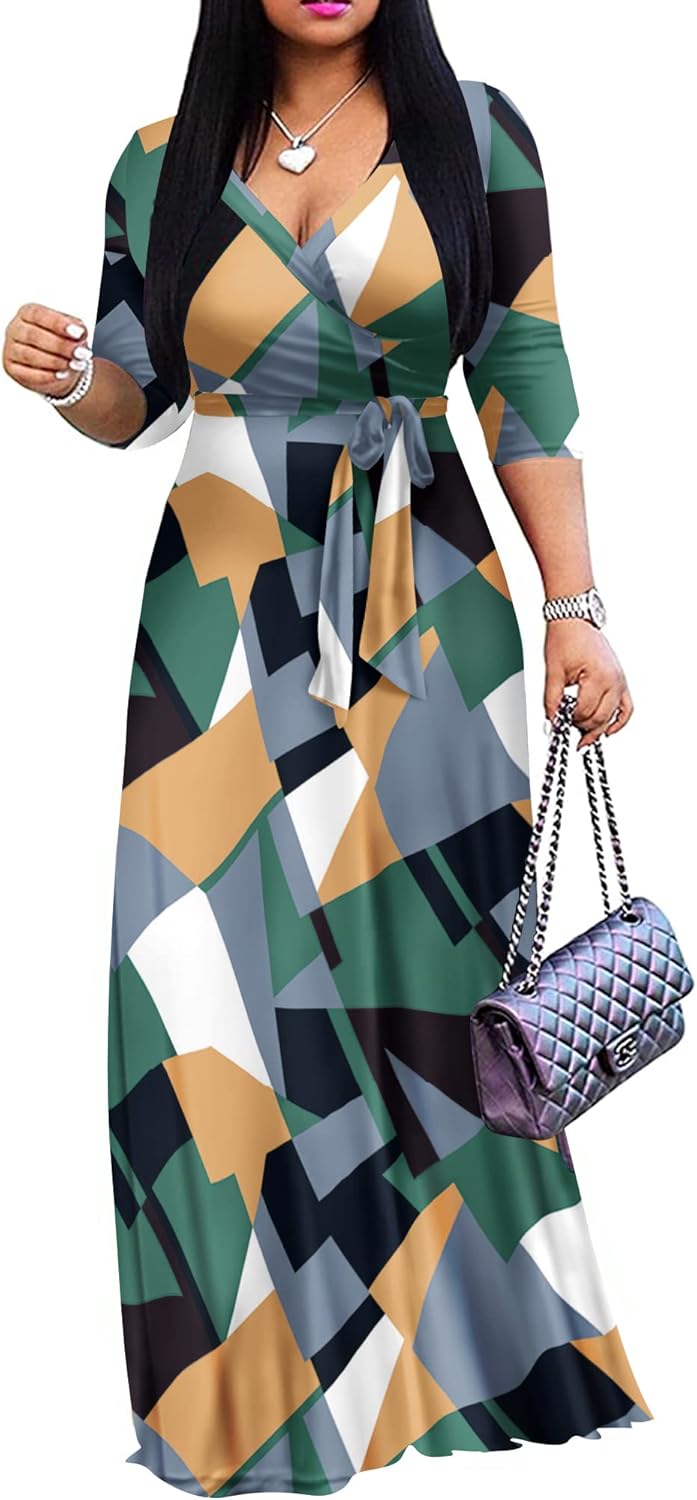 FANDEE Plus Size Maxi Dress for Women Casual Summer Sundress V-Neck 3/4 Sleeve